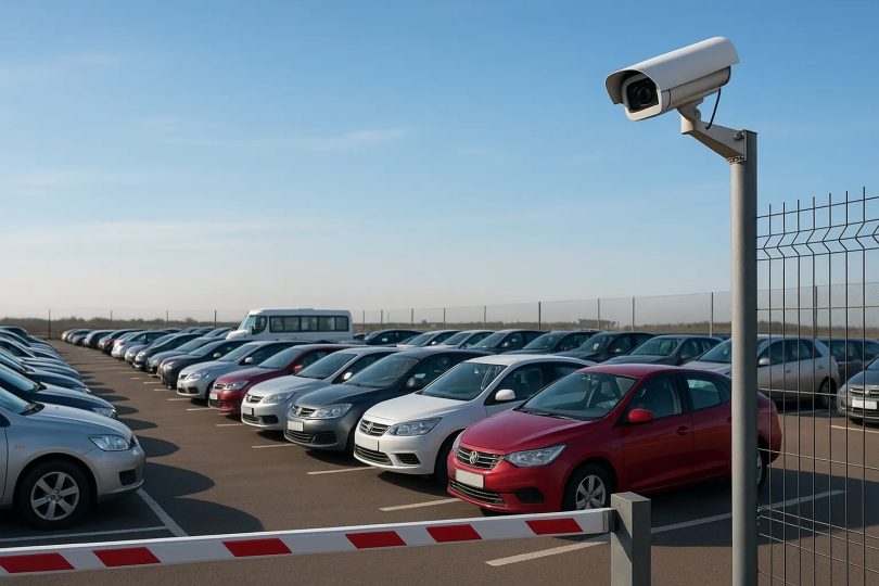 Secure long stay car park with CCTV and shuttle service in background