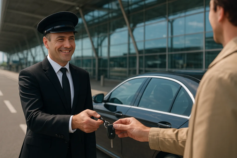 Chauffeur receiving car from traveller at airport terminal for Meet and Greet parking service