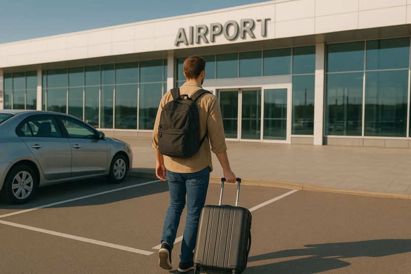 Traveller walking from parked car directly to airport terminal entrance